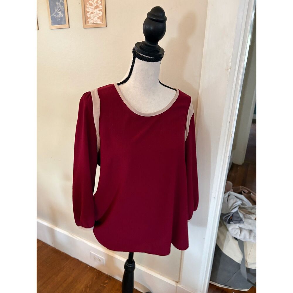 Le Lis Burgundy Colorblock Blouse Women's Medium 3/4 Balloon Sleeve Made in USA